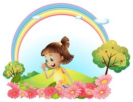 A smiling girl at the garden with pink blooming flowers vector