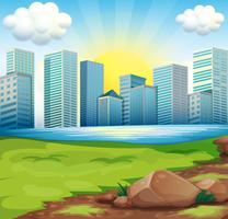 A view of the tall buildings under the bright sun vector