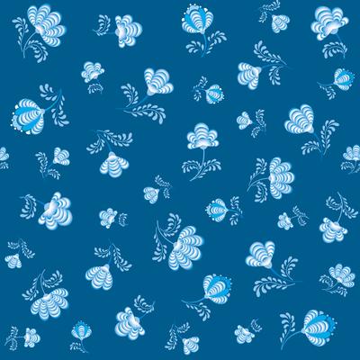 Swirl floral seamless pattern. Ornamental flourish in russian style over blue background.