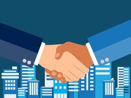 Shaking hands flat design concept. Handshake, business agreement. partnership concepts. Two hands of businessman shaking. Vector illustration on blue urban city background.