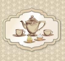 Tea cup, kettle retro card. Tea time vintage background. Hot drinks vector