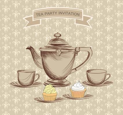 Tea cup, kettle retro card. Tea time vintage background. Hot drinks