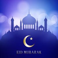 Decorative Eid Mubarak background with mosque silhouettes on a bokeh lights design vector