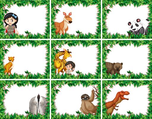 Set of animals with nature frame