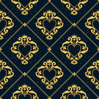 Seamless damask pattern with beautiful ornamental red heart s with crown on black background. Vector illustration
