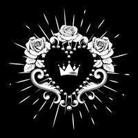 Corazón ornamental hermoso con la corona y las rosas en el color blanco aisladas en fondo negro. Ilustración vectorial