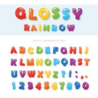 Glossy rainbow colored font design. Festive ABC letters and numbers. vector
