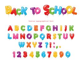 Back to school. Balloon colorful font for kids. Funny ABC letters and numbers. For birthday party, baby shower. Isolated on white. vector