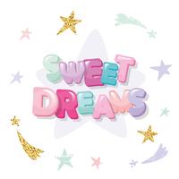 Dulces sueños lindo diseño para pijamas, ropa de dormir, camisetas. Dibujos animados de letras y estrellas en colores pastel con elementos glitter. vector