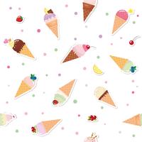 Festive seamless pattern background with paper cutout ice cream cones, fruits and polka dots. For print and web. vector