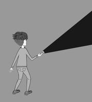 A young man holding a flashlight shines in the dark.Concept of searching vector