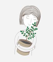 Cute girl hugging her own planted trees. vector