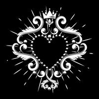 Beautiful ornamental heart with crown in white color isolated on black background. Vector illustration