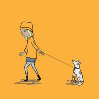 The girl pulls the dog to take a trip. Stubborn dogs do not listen to boss orders vector