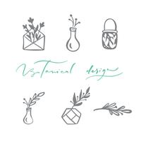 Conjunto de vector floral escandinavo logo. Dibujado a mano icono flor cosmética orgánica, floristería boda, decoración del hogar. Texto botánico de diseño