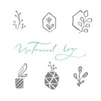 Set of vector scandinavian floral Logo. Hand drawn icon flower organic cosmetic, florist wedding, home decor. Botanical Logo text