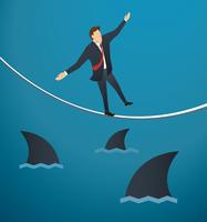 illustration of a businessman walking on rope with sharks underneath business risk chance
