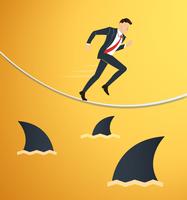 illustration of a running businessman on rope with sharks underneath business risk chance vector