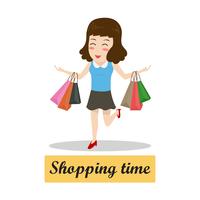 Happy cartoon woman walking with shopping bags - shopping time concept vector