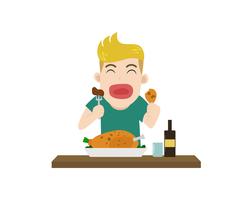 Vector illustration of a boy enjoy eating meal yummy on table - character cartoon