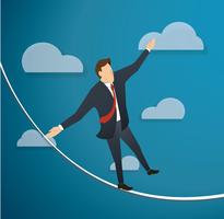 concept of businessman or man in crisis walking in balance on rope over sky background 