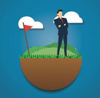 standing businessman on the green field and golf flag. reach to success. Business concept vector