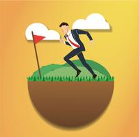 running businessman on the green field and golf flag. reach to success. Business concept vector