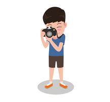 Vector illustration character cartoon photographer  with camera standing taking photos isolated on white background