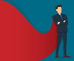 Successful businessman standing with crossed arms and red cape background  vector