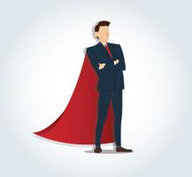 Successful businessman standing with crossed arms and red cape background 