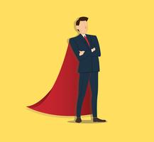 Successful businessman standing with crossed arms and red cape background