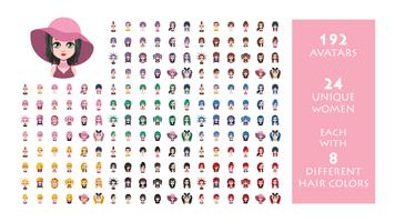Collection of 192 women avatar - 24 unique women each with 8 different hair colors vector