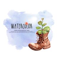 Watercolor Cactus and Succulent with leather boot flowerpot. vector