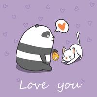 Panda is feeding cat in cartoon style. vector