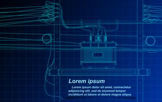 Sketching of transformer and cable on blueprint background. vector
