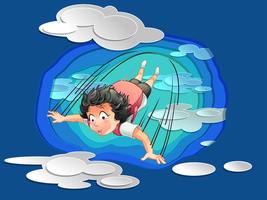 Someone is jumping from blue sky with clouds in paper cut style. vector