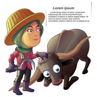 Farmer and buffalo in cartoon style. vector