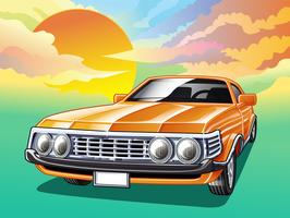 Vintage car on sky background in cartoon style.