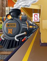 Railway in train station and steam engine. vector