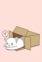 Pequeño gato blanco en caja en estilo de dibujos animados. vector