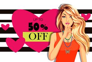 Beautiful model with banner of super sale offer on black and white stripe background vector