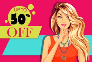 Beautiful model with banner of super sale offer vector