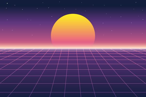 Vector illustration of sun and digital landscape in retro futuristic background 1980s style