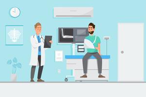 Concepto médico con el médico y los pacientes en dibujos animados plana en el pasillo del hospital