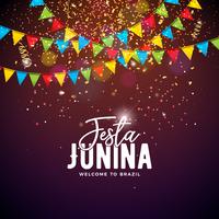 Ilustración de Festa Junina con banderas de fiesta y letra de tipografía sobre fondo de confeti. Vector Brasil Junio Festival Diseño