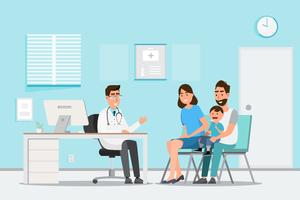 Medical concept with doctor and patients in flat cartoon on hospital hall vector