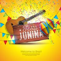 Ilustración de Festa Junina con guitarra acústica, banderas de fiesta y linterna de papel sobre fondo amarillo. Tipografía sobre tabla de madera vintage. Vector Brasil Junio Festival Diseño