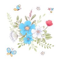 Conjunto de flores silvestres y mariposas. Dibujo a mano. Ilustración vectorial vector