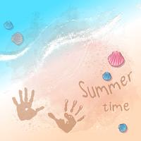 Postcard print beach summer party with footprints on the sand by the sea. Hand drawing style. vector