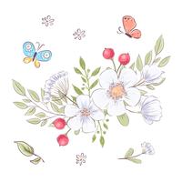 Conjunto de flores silvestres y mariposas. Dibujo a mano. Ilustración vectorial vector